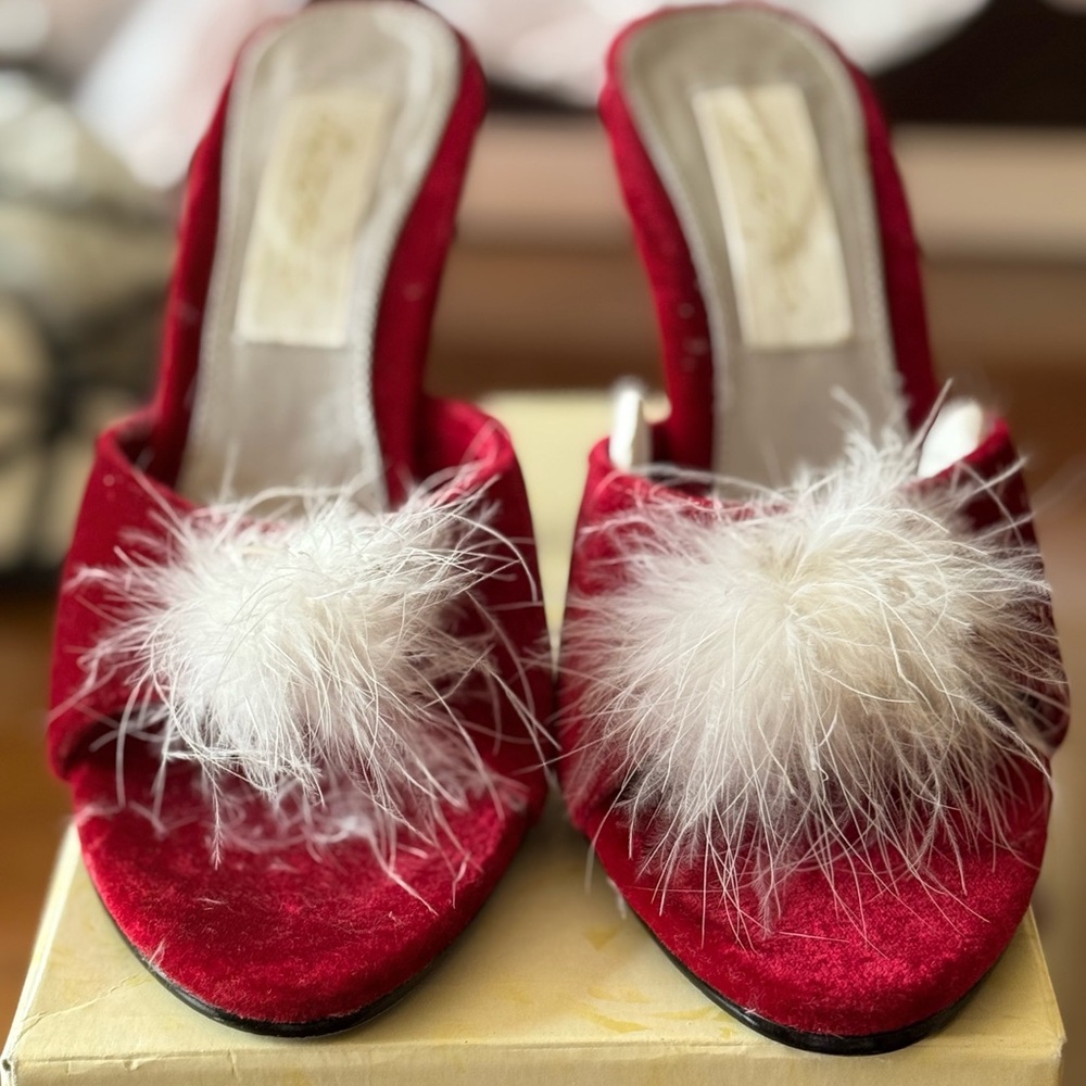 Secret Treasures Red and White Mules with Fluffy Detail